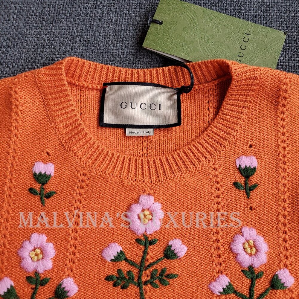GUCCI SWEATER ORANGE WOOL BLEND FLORAL EMBROIDERED JUMPER sz XS EXTRA SMALL - Picture 10 of 16